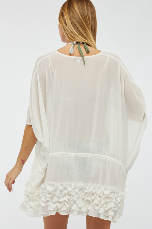 Ruffled Cardigan with Drawstring